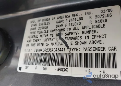 2006 Acura Tl z USA, uszkodzony, nr VIN 19UUA66236A043441